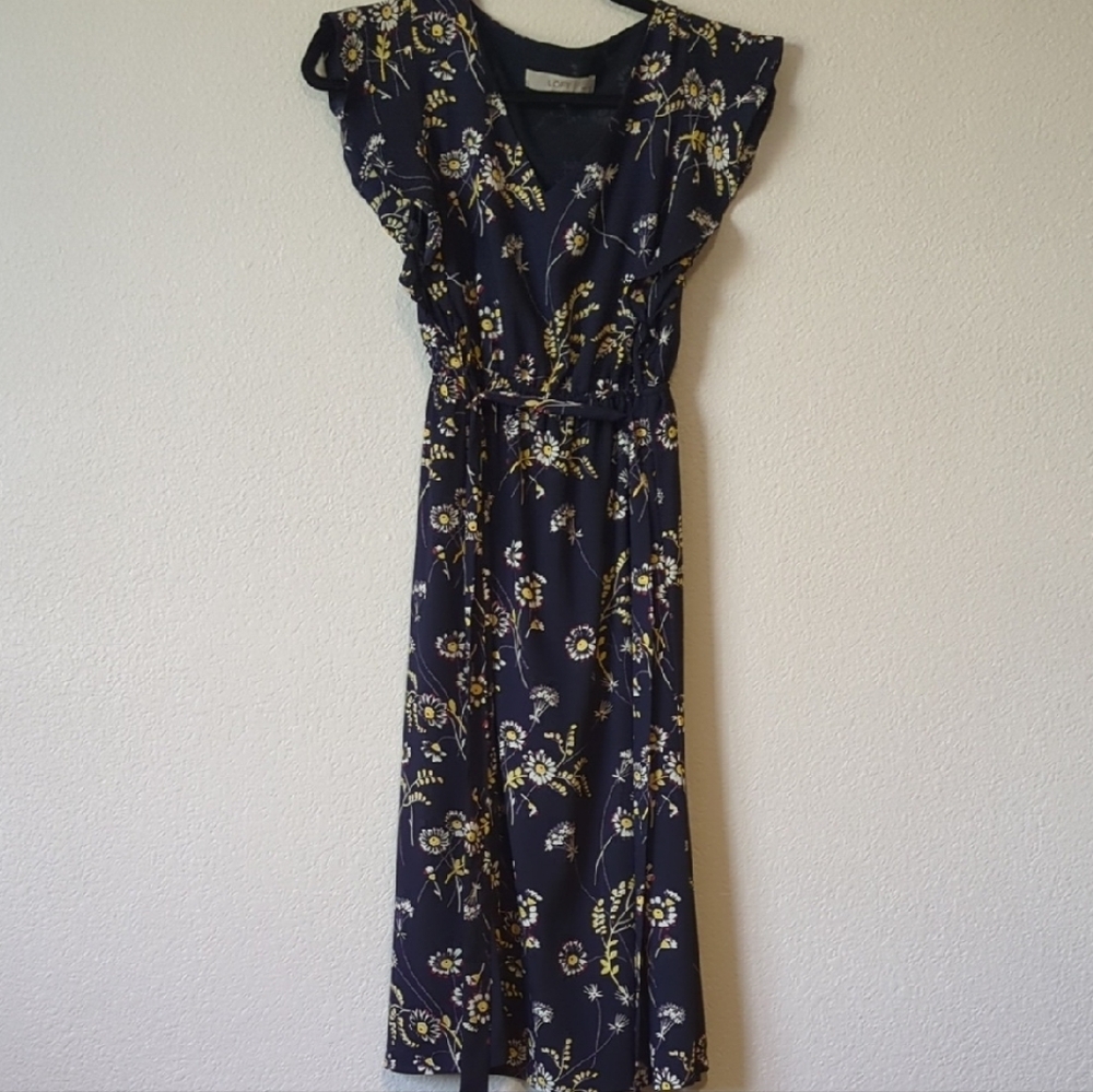 LOFT Yellow and White Wrap Midi Dress with Flutter Sleeves